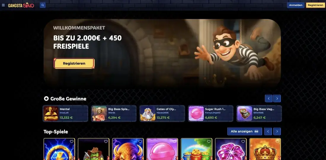 Gangstasino Casino offizielle Seite mit Willkommenspaket-Banner bis zu 2.000€ plus 450 Freispiele und Top-Spiele-Übersicht