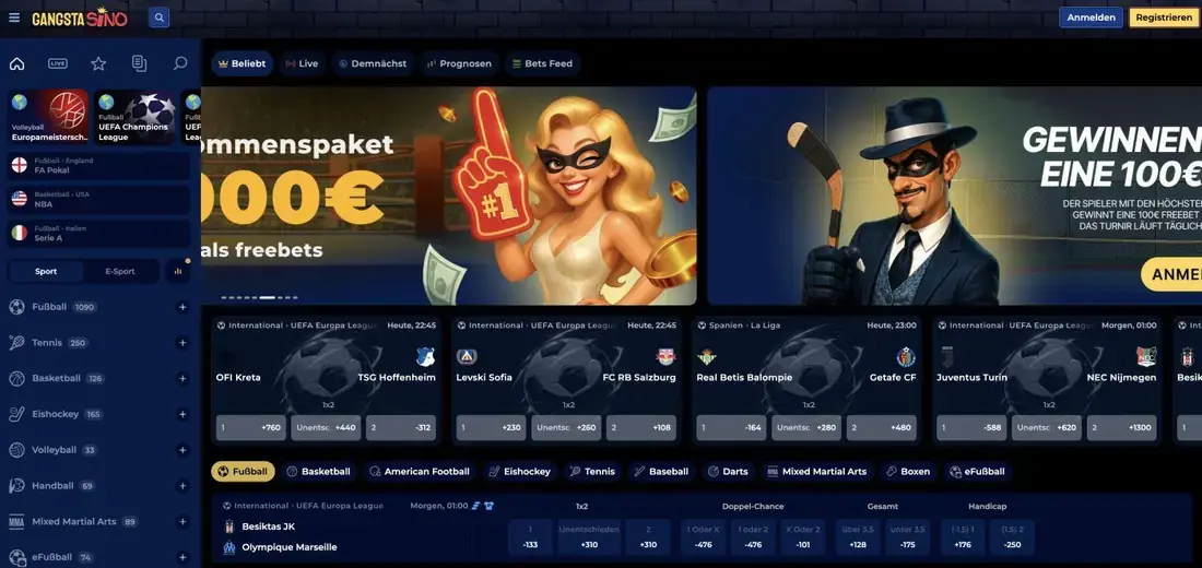 Gangstasino Sportsbook Startseite mit Fußball-Quoten, Sportartenliste und Live-Wetten-Navigation im Überblick
