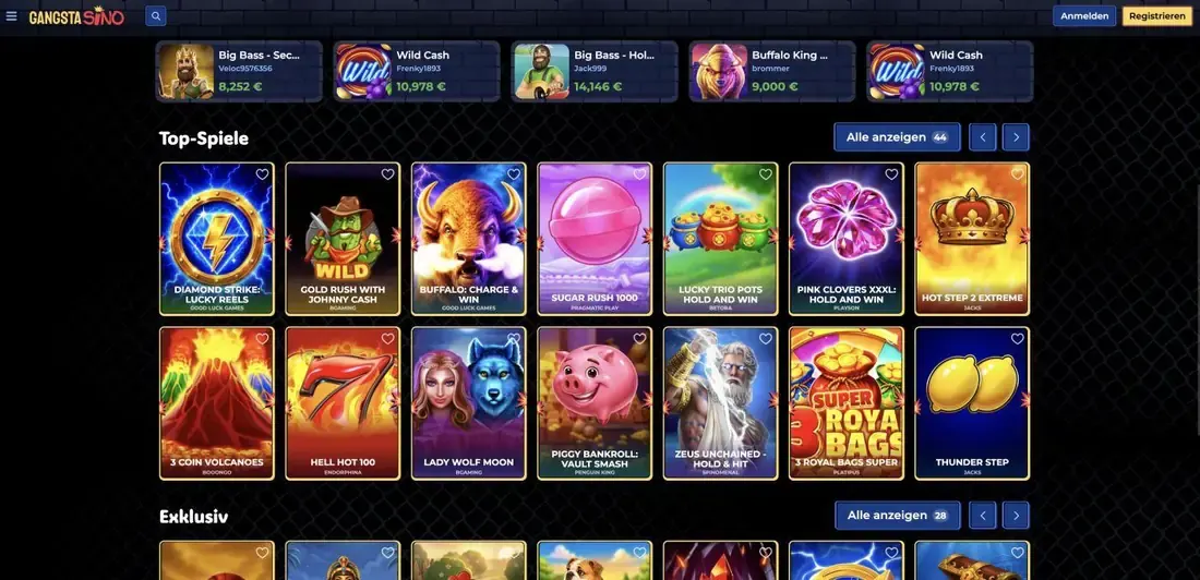 Gangstasino Top-Spiele Lobby mit Slot-Kacheln wie Diamond Strike, Sugar Rush 1000 und Buffalo: Charge & Win