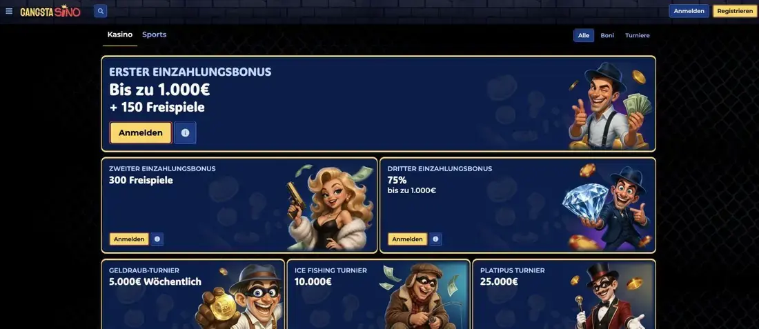 GangstaSino Einzahlungsbonus-Übersicht mit drei Bonusboxen: 1.000€ plus 150 Freispiele, 300 Freispiele und 75% Bonus